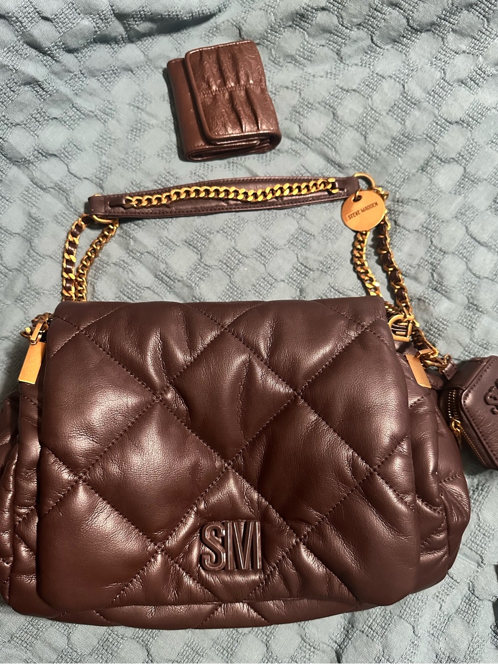 Steve Madden Quilted Shoulder Bag with Gold Chain in Brown